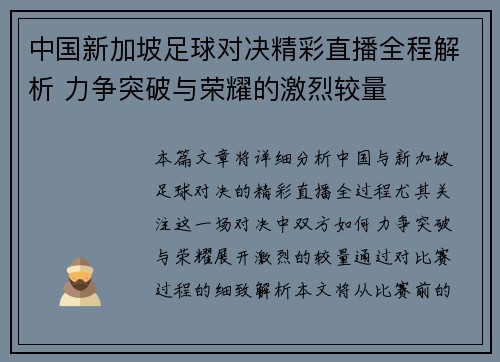 中国新加坡足球对决精彩直播全程解析 力争突破与荣耀的激烈较量